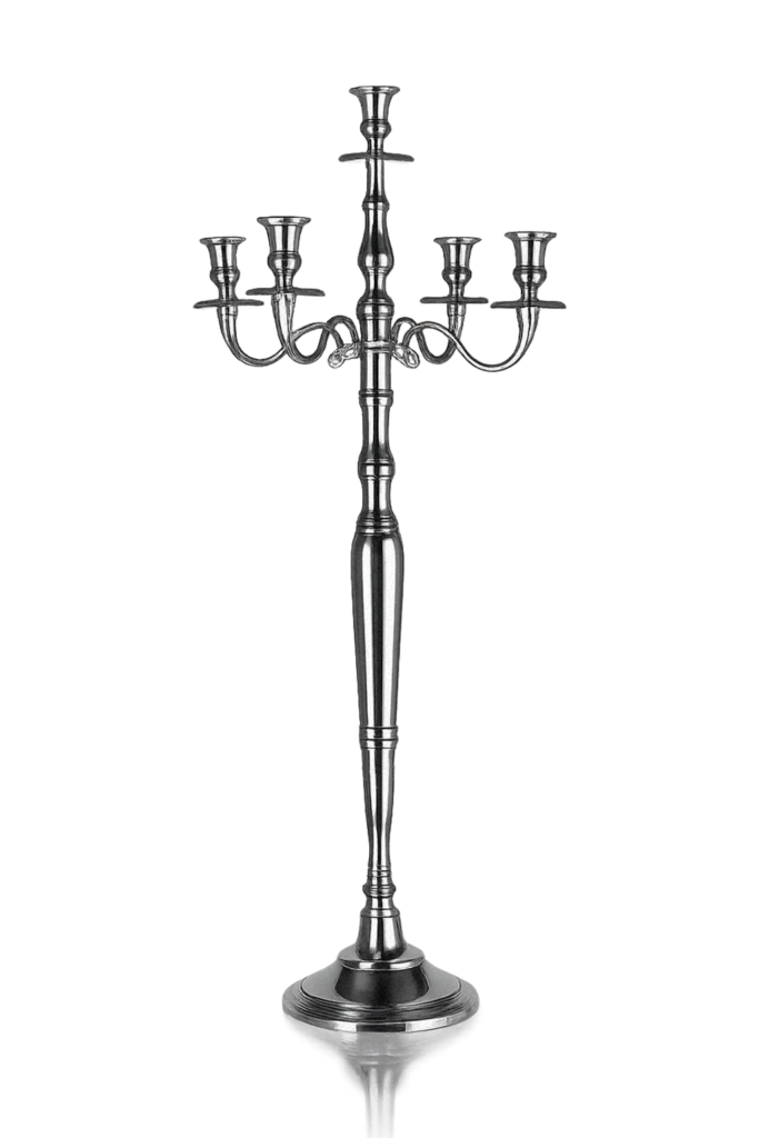 Alquiler de candelabro de metal plateado para decoración de bodas y eventos