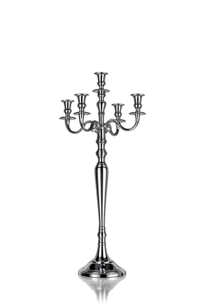 Alquiler de candelabro de metal plateado para decoración de bodas y eventos